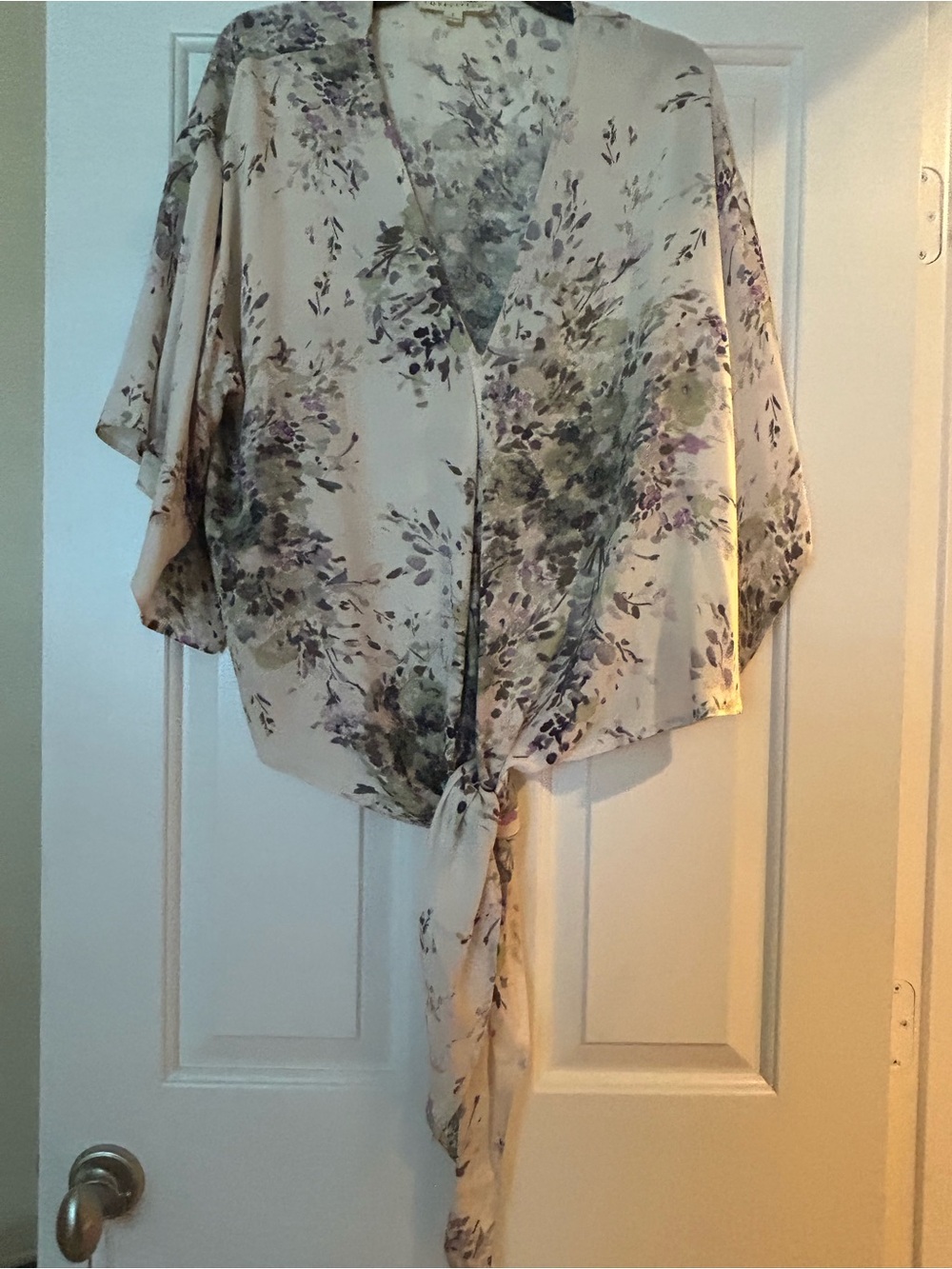 lovestitch Cream Floral Tie-Front Blouse with Purple & Green Print